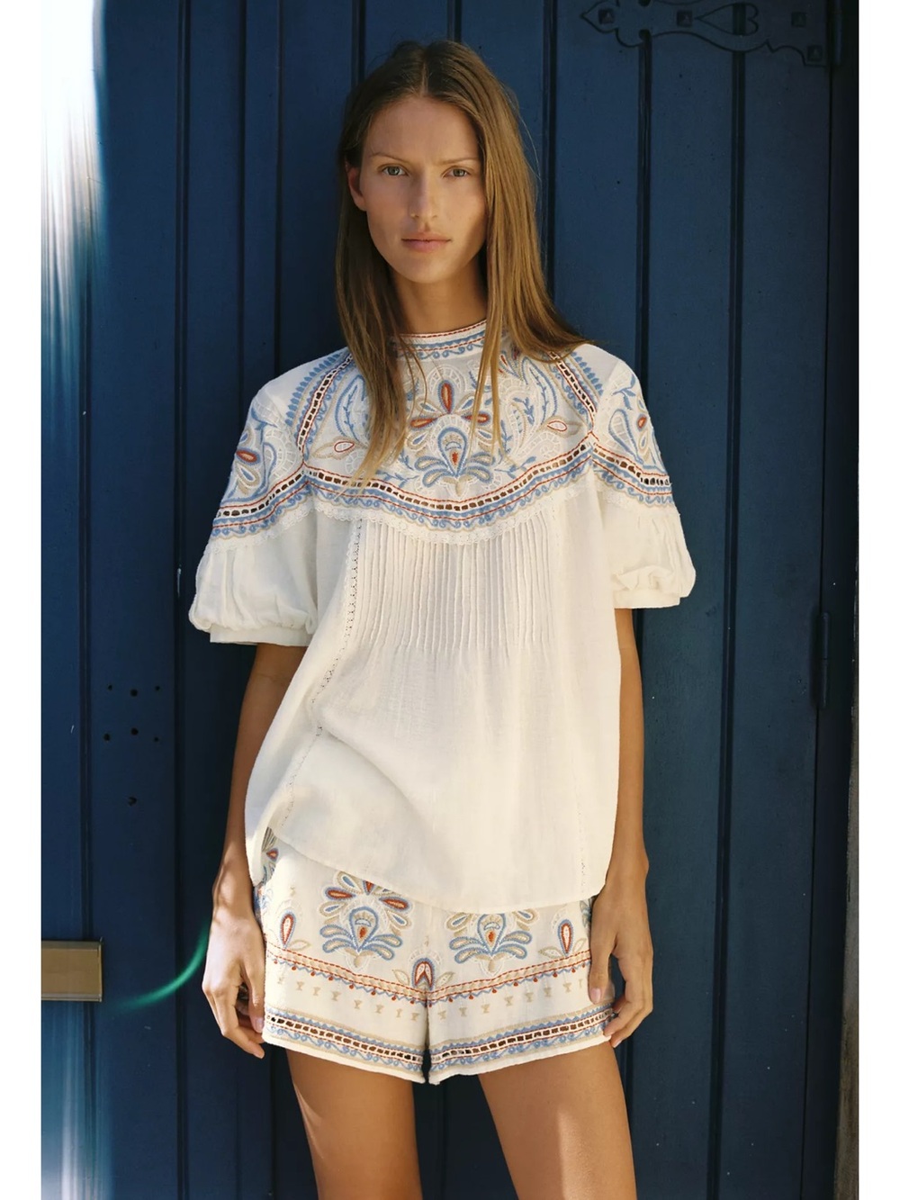 Zara EMBROIDERED SHORT SLEEVE BLOUSE